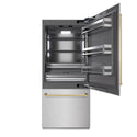 ZLINE Autograph Edition 36 in. 19.8 cu. ft. Built-In Bottom Freezer Refrigerator with Water Dispenser and Ice Maker in Satin Stainless Steel with Graphite Gray Interior and Polished Gold Accents (GRBITZ-SN-36-G)
