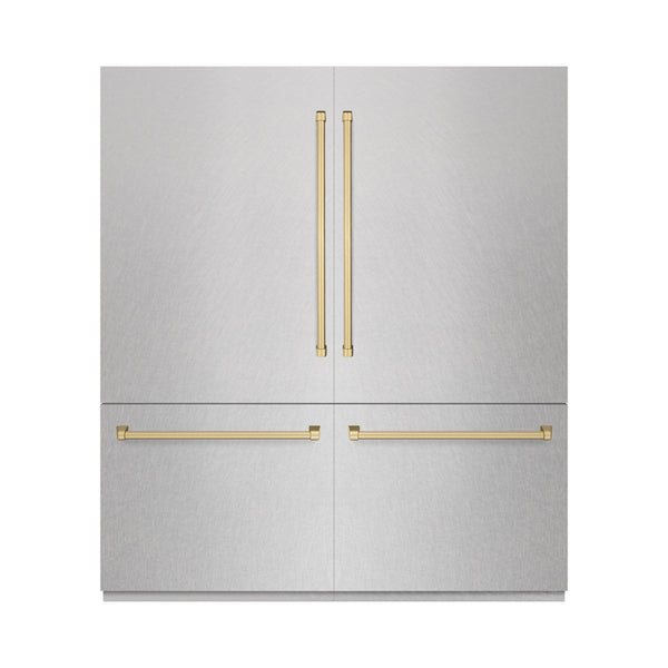 ZLINE Autograph Edition 72 in. 39.6 cu. ft. French Door Built-In Bottom Freezer Refrigerator with Water Dispensers and Ice Makers in Satin Stainless Steel with Graphite Gray Interior and Champagne Bronze Accents (GRBITZ-SN-72-CB)