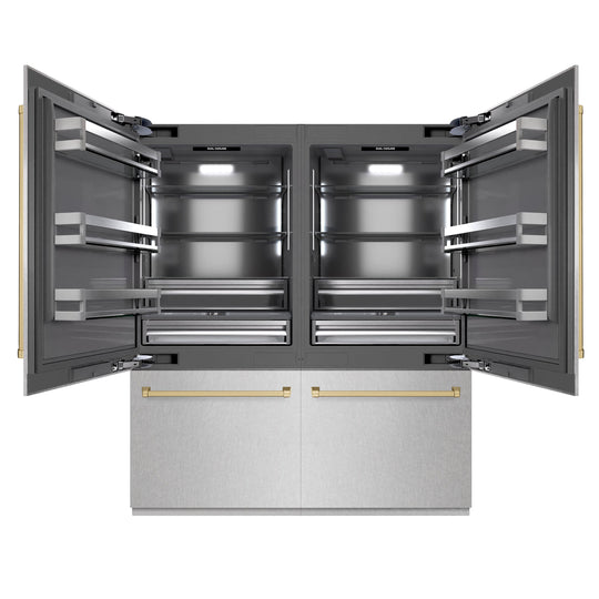 ZLINE Autograph Edition 72 in. 39.6 cu. ft. French Door Built-In Bottom Freezer Refrigerator with Water Dispensers and Ice Makers in Satin Stainless Steel with Graphite Gray Interior and Champagne Bronze Accents (GRBITZ-SN-72-CB)