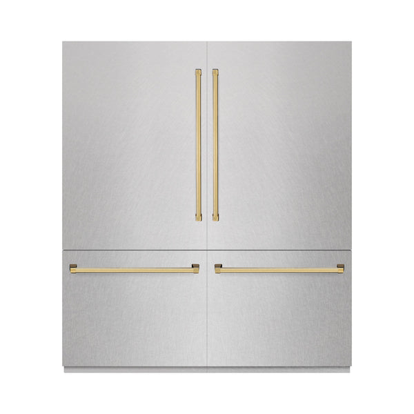 ZLINE Autograph Edition 72 in. 39.6 cu. ft. French Door Built-In Bottom Freezer Refrigerator with Water Dispensers and Ice Makers in Satin Stainless Steel with graphite Gray Interior and Polished Gold Accents (GRBITZ-SN-72-G)