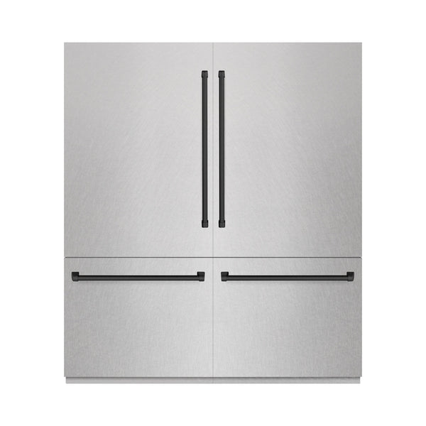 ZLINE Autograph Edition 72 in. 39.6 cu. ft. French Door Built-In Bottom Freezer Refrigerator with Water Dispensers and Ice Makers in Satin Stainless Steel with Graphite Gray Interior and Matte Black Accents (GRBITZ-SN-72-MB)