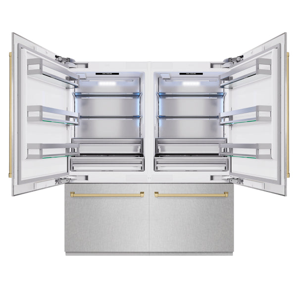 ZLINE Autograph Edition 72 in. 39.6 cu. ft. French Door Built-In Bottom Freezer Refrigerator with Water Dispensers and Ice Makers in Satin Stainless Steel and Champagne Bronze Accents (RBITZ-SN-72-CB)