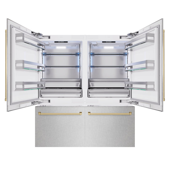 ZLINE Autograph Edition 72 in. 39.6 cu. ft. French Door Built-In Bottom Freezer Refrigerator with Water Dispensers and Ice Makers in Satin Stainless Steel and Champagne Bronze Accents (RBITZ-SN-72-CB)