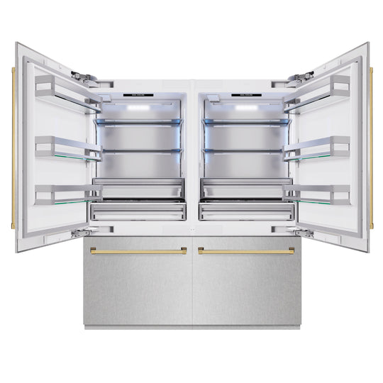 ZLINE Autograph Edition 72 in. 39.6 cu. ft. French Door Built-In Bottom Freezer Refrigerator with Water Dispensers and Ice Makers in Satin Stainless Steel and Polished Gold Accents (RBITZ-SN-72-G)
