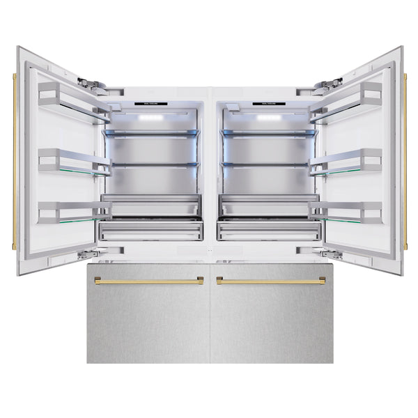 ZLINE Autograph Edition 72 in. 39.6 cu. ft. French Door Built-In Bottom Freezer Refrigerator with Water Dispensers and Ice Makers in Satin Stainless Steel and Polished Gold Accents (RBITZ-SN-72-G)