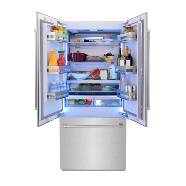 ZLINE 36 in. 19.6 cu. ft. French Door Built-In Bottom Freezer Refrigerator with Water Dispenser and Ice Maker in Satin Stainless Steel (RBIV-SN-36)