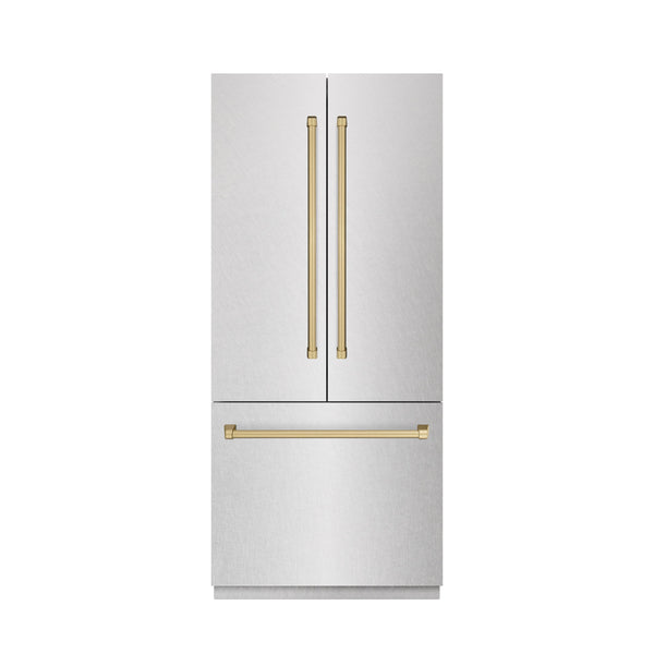 ZLINE Autograph Edition 36 in. 19.6 cu. ft. French Door Built-In Bottom Freezer Refrigerator with Water Dispenser and Ice Maker in Satin Stainless Steel with Stainless Steel Interior and Champagne Bronze Accents (SRBIVZ-SN-36-CB)