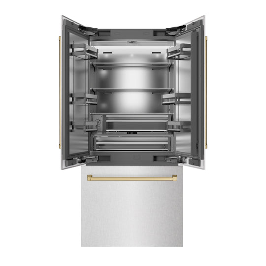 ZLINE Autograph Edition 36 in. 19.6 cu. ft. French Door Built-In Bottom Freezer Refrigerator with Water Dispenser and Ice Maker in Satin Stainless Steel with Stainless Steel Interior and Champagne Bronze Accents (SRBIVZ-SN-36-CB)