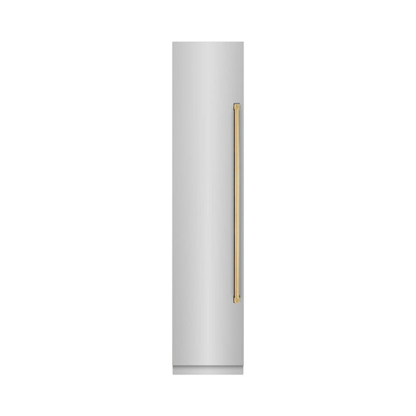 ZLINE Autograph Edition 18 in. 8.6 cu. ft. Left Hinge Column Freezer in Stainless Steel with Graphite Gray Interior and Polished Gold Accents (RCFVLZ-30418-G) front, closed.