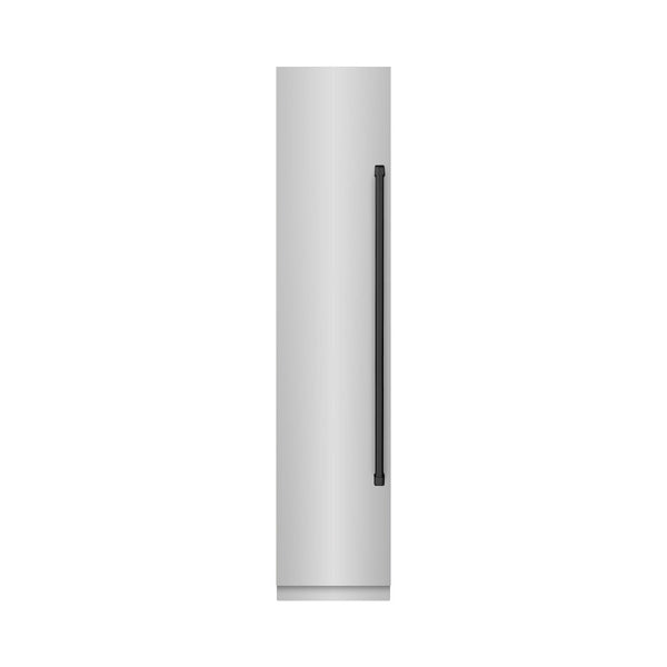 ZLINE Autograph Edition 18 in. 8.6 cu. ft. Left Hinge Column Freezer in Stainless Steel with Graphite Gray Interior and Matte Black Accents (RCFVLZ-30418-MB) front, closed.