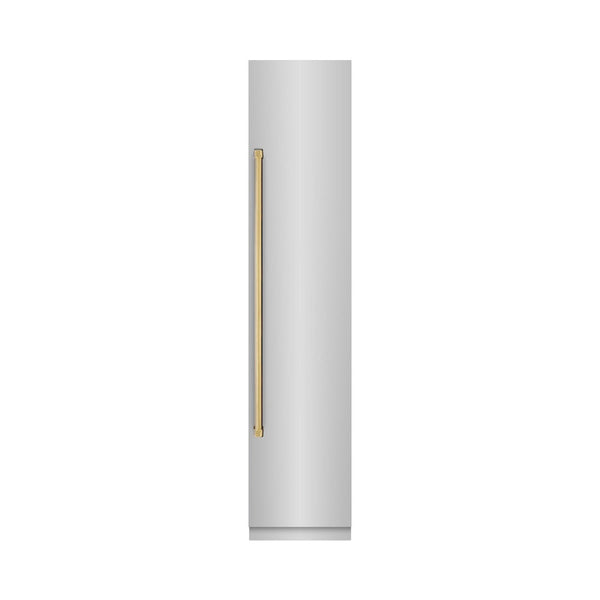ZLINE Autograph Edition 18 in. 8.6 cu. ft. Right Hinge Column Freezer in Stainless Steel with Graphite Gray Interior and Polished Gold Accents (RCFVRZ-30418-G) front, closed.