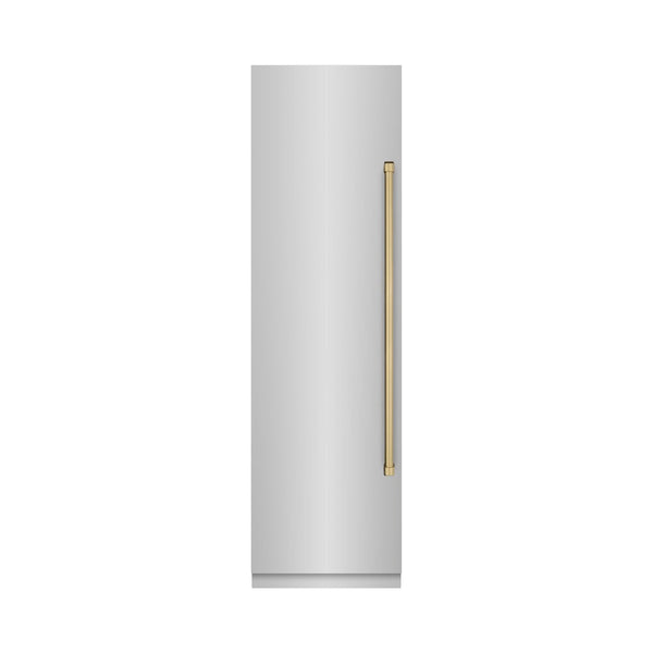 ZLINE Autograph Edition 24 in. 12.4 cu. ft. Column Freezer in Stainless Steel with Graphite Gray Interior and Champagne Bronze Accents (RCFVZ-304-24-CB) front, closed.