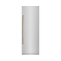 ZLINE Autograph Edition 30 in. 16.7 cu. ft. Column Refrigerator in Stainless Steel with Graphite Gray Interior and Polished Gold Accents (RCRVZ-30430-G) front, closed.