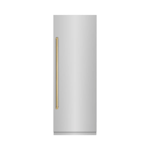 ZLINE Autograph Edition 30 in. 16.7 cu. ft. Column Refrigerator in Stainless Steel with Graphite Gray Interior and Polished Gold Accents (RCRVZ-30430-G) front, closed.