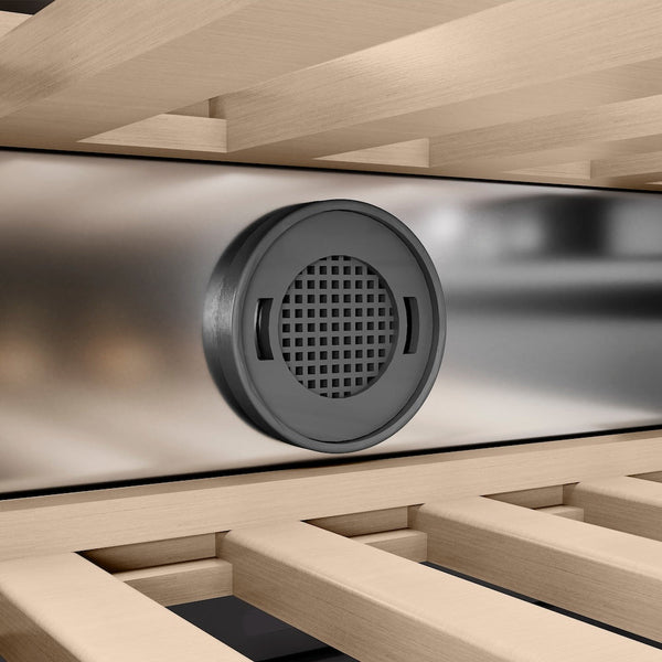 ZLINE 24 in. 12.4 cu. ft. Triple Zone 100 Bottle Column Wine Cooler in Stainless Steel (RCWV-304-24) close-up detail, carbon filter.