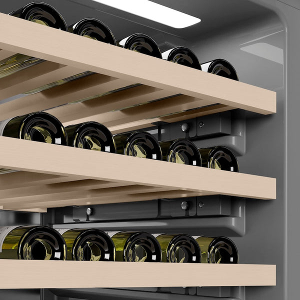 ZLINE 24 in. 12.4 cu. ft. Triple Zone 100 Bottle Column Wine Cooler in Stainless Steel (RCWV-304-24) close-up detail, gray interior.