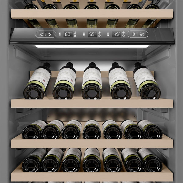ZLINE 24 in. 12.4 cu. ft. Triple Zone 100 Bottle Column Wine Cooler in Stainless Steel (RCWV-304-24) close-up detail, wine storage.