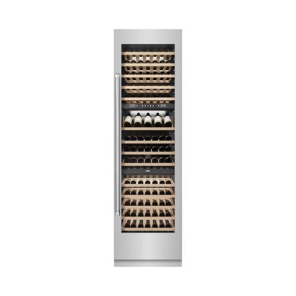 ZLINE 24 in. 12.4 cu. ft. Triple Zone 100 Bottle Column Wine Cooler in Stainless Steel (RCWV-304-24) front, closed, with wine on racks.