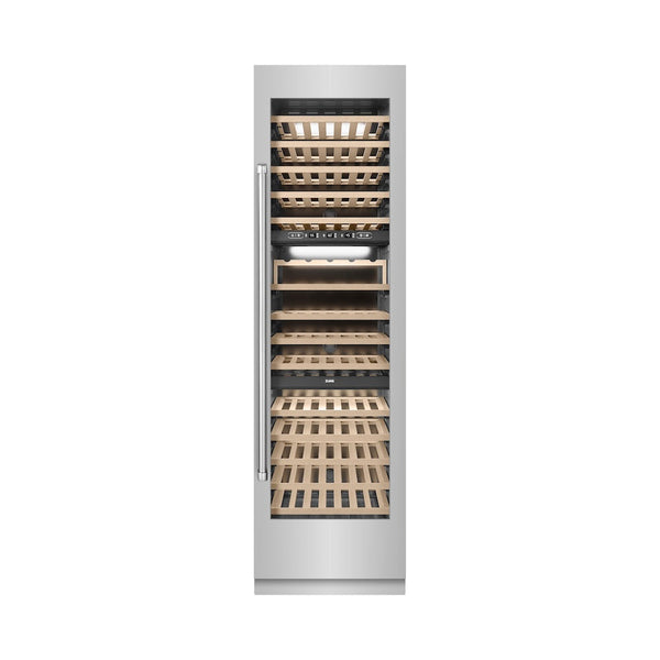 ZLINE 24 in. 12.4 cu. ft. Triple Zone 100 Bottle Column Wine Cooler in Stainless Steel (RCWV-304-24) front, closed.