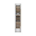 ZLINE Autograph Edition 18 in. 9.0 cu. ft. Triple Zone 68 Bottle Left Hinge Column Wine Cooler in Stainless Steel with Champagne Bronze Accents (RCWVLZ-30418-CB) front, closed, with wine on racks.