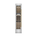 ZLINE Autograph Edition 18 in. 9.0 cu. ft. Triple Zone 68 Bottle Left Hinge Column Wine Cooler in Stainless Steel with Polished Gold Accents (RCWVLZ-30418-G) front, closed, with wine on racks.
