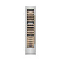 ZLINE Autograph Edition 18 in. 9.0 cu. ft. Triple Zone 68 Bottle Left Hinge Column Wine Cooler in Stainless Steel with Polished Gold Accents (RCWVLZ-30418-G) front, closed.