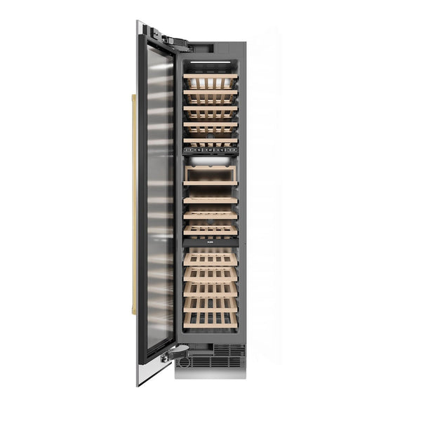 ZLINE Autograph Edition 18 in. 9.0 cu. ft. Triple Zone 68 Bottle Left Hinge Column Wine Cooler in Stainless Steel with Polished Gold Accents (RCWVLZ-30418-G) front, open.