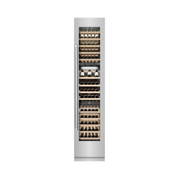 ZLINE 18 in. 9.0 cu. ft. Triple Zone 68 Bottle Right Hinge Column Wine Cooler in Stainless Steel (RCWVR-304-18) front, closed, with wine on racks.