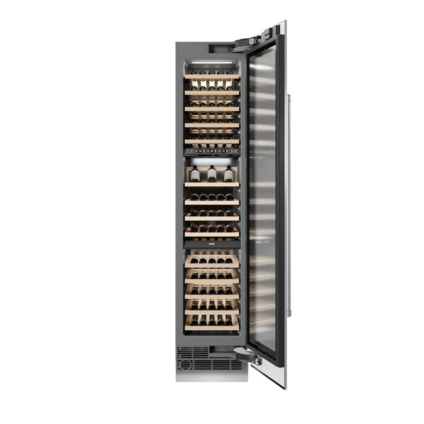 ZLINE 18 in. 9.0 cu. ft. Triple Zone 68 Bottle Right Hinge Column Wine Cooler in Stainless Steel (RCWVR-304-18) front, open, with wine on racks.