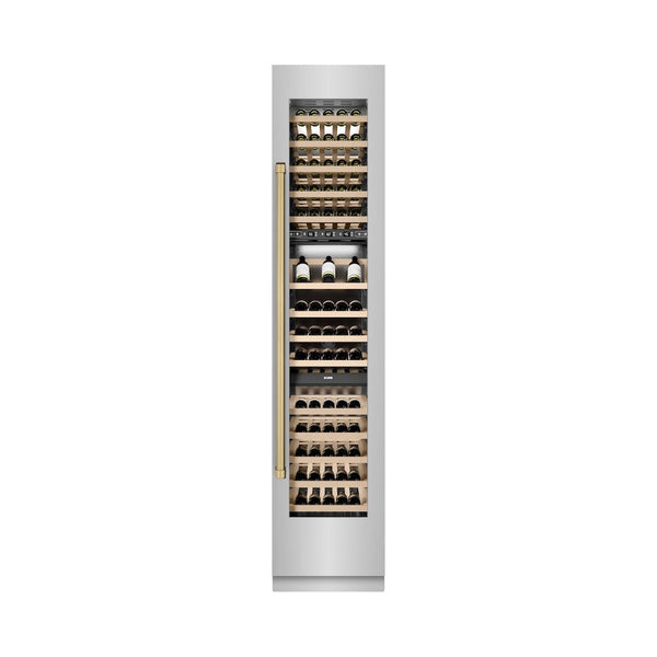 ZLINE Autograph Edition 18 in. 9.0 cu. ft. Triple Zone 68 Bottle Right Hinge Column Wine Cooler in Stainless Steel with Champagne Bronze Accents (RCWVRZ-30418-CB) front, closed, with wine on racks.