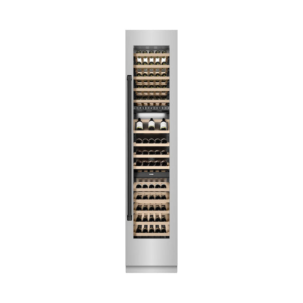 ZLINE Autograph Edition 18 in. 9.0 cu. ft. Triple Zone 68 Bottle Right Hinge Column Wine Cooler in Stainless Steel with Matte Black Accents (RCWVRZ-30418-MB) front, closed, with wine on racks.