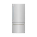 ZLINE Autograph Edition 36 in. 19.8 cu. ft. Built-In Bottom Freezer Refrigerator with Water Dispenser and Ice Maker in Stainless Steel with Graphite Gray Interior and Champagne Bronze Accents (GRBITZ-304-36CB)