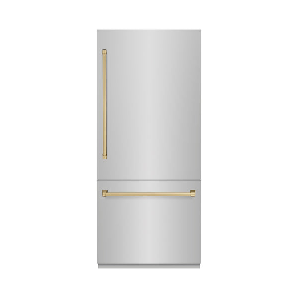 ZLINE Autograph Edition 36 in. 19.8 cu. ft. Built-In Bottom Freezer Refrigerator with Water Dispenser and Ice Maker in Stainless Steel with Graphite Gray Interior and Champagne Bronze Accents (GRBITZ-304-36CB)