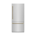 ZLINE Autograph Edition 36 in. 19.8 cu. ft. Built-In Bottom Freezer Refrigerator with Water Dispenser and Ice Maker in Stainless Steel with Graphite Gray Interior and Champagne Bronze Helix Handles (GRBITZ-30436KCB)