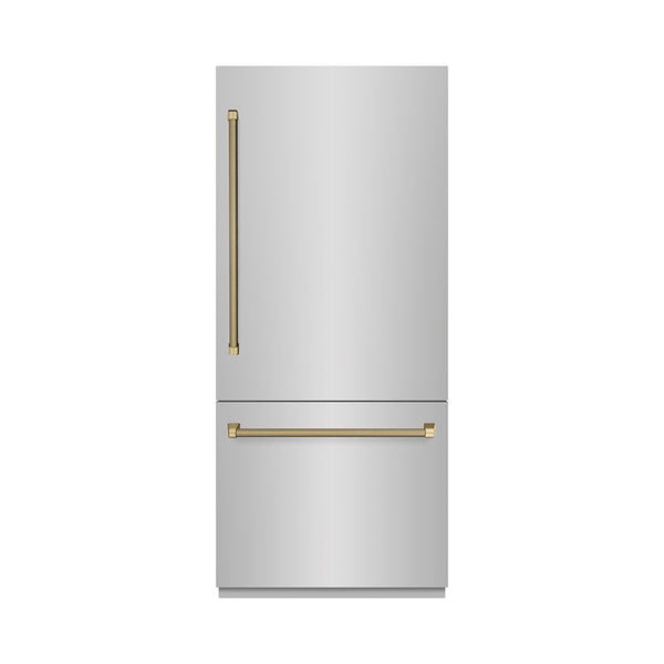 ZLINE Autograph Edition 36 in. 19.8 cu. ft. Built-In Bottom Freezer Refrigerator with Water Dispenser and Ice Maker in Stainless Steel with Graphite Gray Interior and Champagne Bronze Helix Handles (GRBITZ-30436KCB)