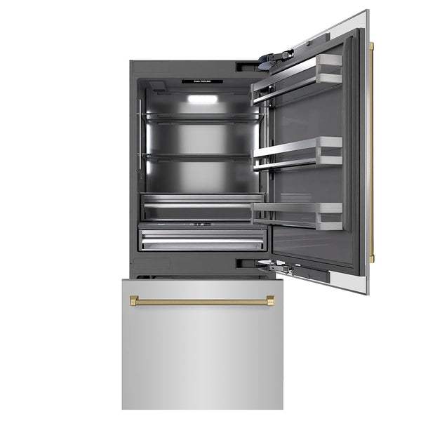 ZLINE Autograph Edition 36 in. 19.8 cu. ft. Built-In Bottom Freezer Refrigerator with Water Dispenser and Ice Maker in Stainless Steel with Graphite Gray Interior and Champagne Bronze Helix Handles (GRBITZ-30436KCB)