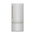 ZLINE Autograph Edition 36 in. 19.8 cu. ft. Built-In Bottom Freezer Refrigerator with Water Dispenser and Ice Maker in Stainless Steel with Graphite Gray Interior and Polished Gold Helix Handles (GRBITZ-30436KG)