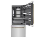 ZLINE Autograph Edition 36 in. 19.8 cu. ft. Built-In Bottom Freezer Refrigerator with Water Dispenser and Ice Maker in Stainless Steel with Graphite Gray Interior and Polished Gold Helix Handles (GRBITZ-30436KG)