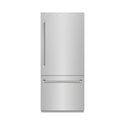 ZLINE Autograph Edition 36 in. 19.8 cu. ft. Built-In Bottom Freezer Refrigerator with Water Dispenser and Ice Maker in Stainless Steel with Graphite Gray Interior and Polished Nickel Helix Handles (GRBITZ-30436KPN)
