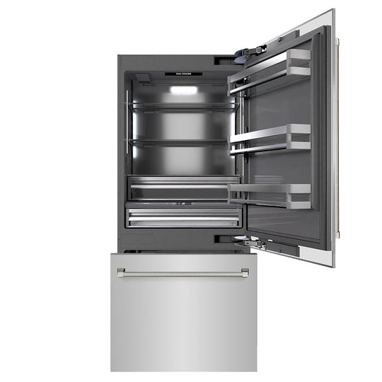 ZLINE Autograph Edition 36 in. 19.8 cu. ft. Built-In Bottom Freezer Refrigerator with Water Dispenser and Ice Maker in Stainless Steel with Graphite Gray Interior and Polished Nickel Helix Handles (GRBITZ-30436KPN)