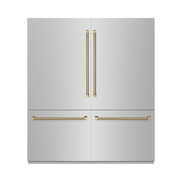 ZLINE Autograph Edition 72 in. 39.6 cu. ft. French Door Built-In Bottom Freezer Refrigerator with Water Dispensers and Ice Makers in Stainless Steel with Graphite Gray Interior and Champagne Bronze Helix Handles (GRBITZ-30472KCB)