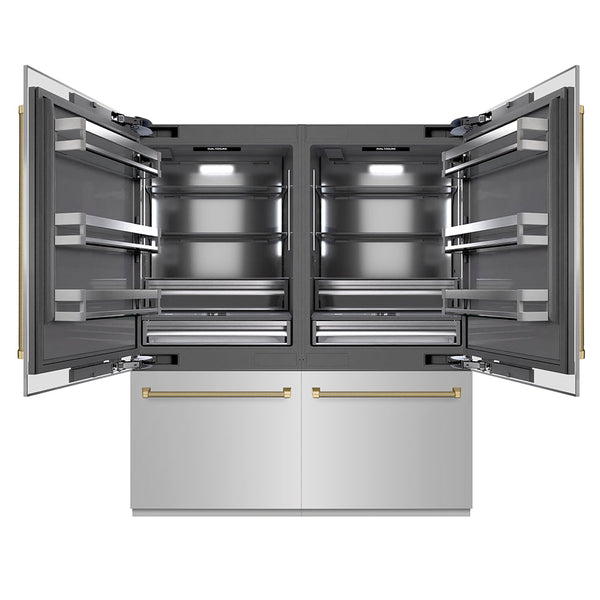 ZLINE Autograph Edition 72 in. 39.6 cu. ft. French Door Built-In Bottom Freezer Refrigerator with Water Dispensers and Ice Makers in Stainless Steel with Graphite Gray Interior and Champagne Bronze Helix Handles (GRBITZ-30472KCB)