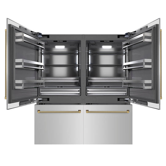 ZLINE Autograph Edition 72 in. 39.6 cu. ft. French Door Built-In Bottom Freezer Refrigerator with Water Dispensers and Ice Makers in Stainless Steel with Graphite Gray Interior and Polished Gold Helix Handles (GRBITZ-30472KG)