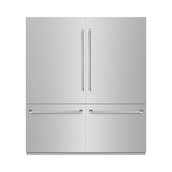 ZLINE Autograph Edition 72 in. 39.6 cu. ft. French Door Built-In Bottom Freezer Refrigerator with Water Dispensers and Ice Makers in Stainless Steel with Graphite Gray Interior and Polished Nickel Helix Handles (GRBITZ-30472KPN)