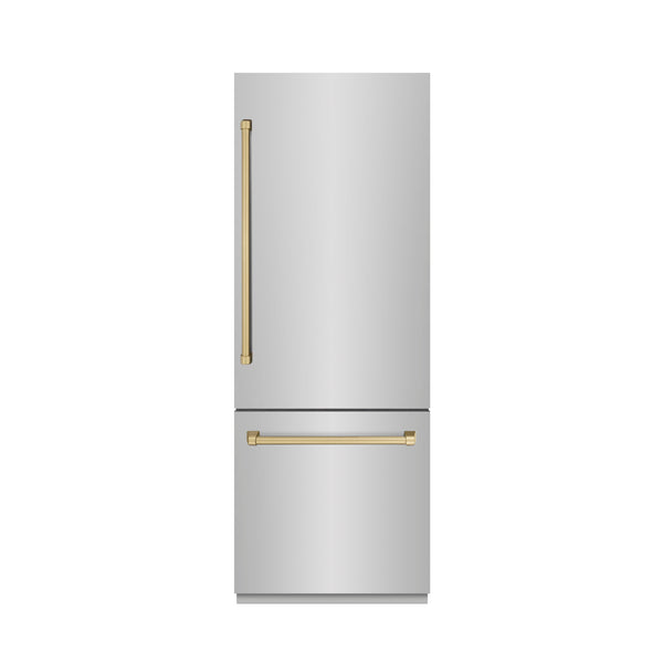 ZLINE Autograph Edition 30 in. 16.1 cu. ft. Built-In Bottom Freezer Refrigerator with Water Dispenser and Ice Maker in Stainless Steel with Graphite Gray Interior and Champagne Bronze Accents (GRBIVZ-304-30CB)
