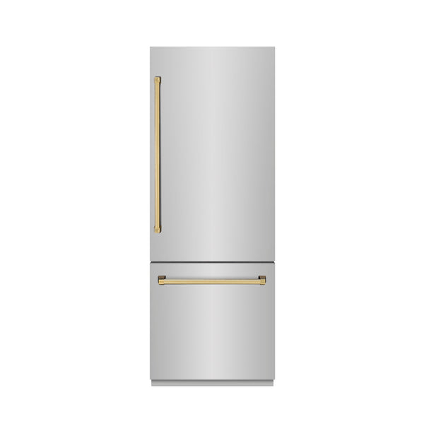 ZLINE Autograph Edition 30 in. 16.1 cu. ft. Built-In Bottom Freezer Refrigerator with Water Dispenser and Ice Maker in Stainless Steel with Graphite Gray Interior and Polished Gold Accents (GRBIVZ-304-30G)