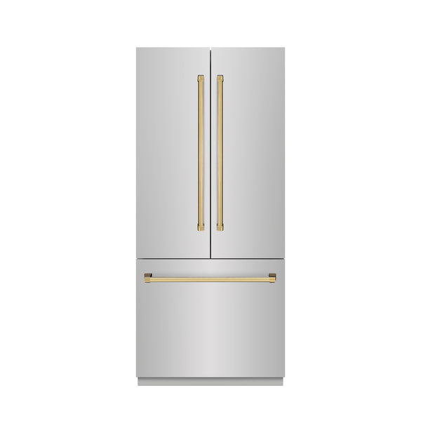 ZLINE Autograph Edition 36 in. 19.6 cu. ft. French Door Built-In Bottom Freezer Refrigerator with Water Dispenser and Ice Maker in Stainless Steel with Graphite Gray Interior and Polished Gold Accents (GRBIVZ-304-36G)