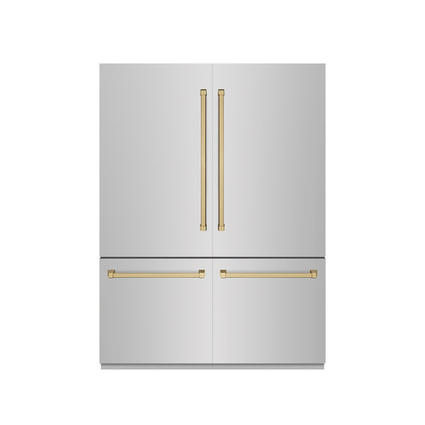 ZLINE Autograph Edition 60 in. 32.2 cu. ft. French Door Built-In Bottom Freezer Refrigerator with Water Dispenser and Ice Maker in Stainless Steel with Graphite Gray Interior and Champagne Bronze Accents (GRBIVZ-304-60CB)