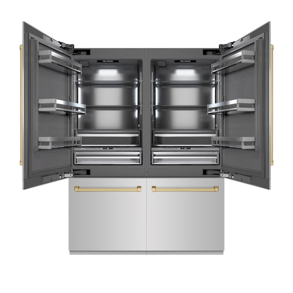 ZLINE Autograph Edition 60 in. 32.2 cu. ft. French Door Built-In Bottom Freezer Refrigerator with Water Dispenser and Ice Maker in Stainless Steel with Graphite Gray Interior and Champagne Bronze Accents (GRBIVZ-304-60CB)