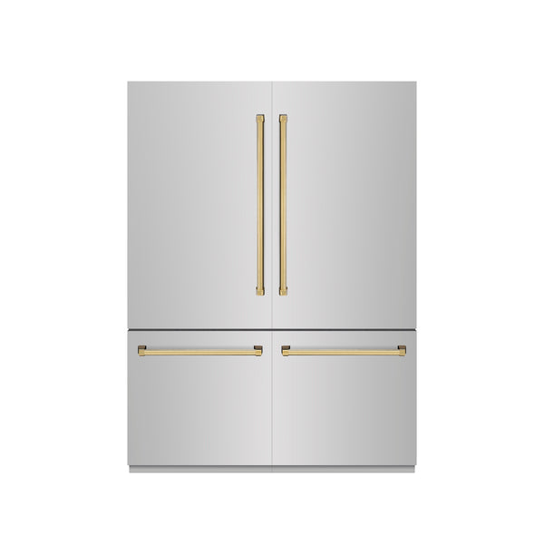 ZLINE Autograph Edition 60 in. 32.2 cu. ft. French Door Built-In Bottom Freezer Refrigerator with Water Dispenser and Ice Maker in Stainless Steel with Graphite Gray Interior and Polished Gold Accents (GRBIVZ-304-60G)